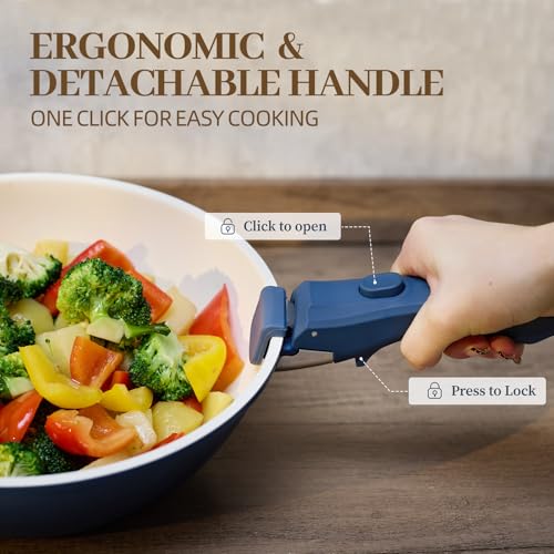 Image of 23Pcs Ceramic Cookware Set Non Stick Pots and Pans Set Non Toxic with Detachable Handle Induction Kitchen Cookware Set Space Saving, Oven & Dishwasher Safe, Navy Blue
