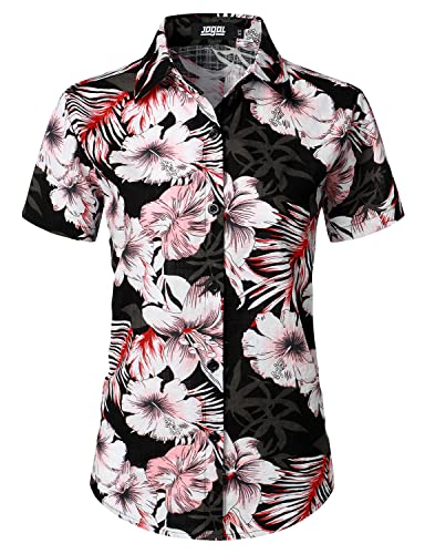 Jogal Women's Floral Blouse Casual Button Down Short Sleeve Aloha Hawaiian Shirt Black Pink X-Small #TOP18