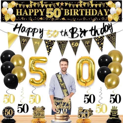 27pcs 50th Geburtstag Dekorationen für Männer, Schwarz Gold 50th Party Dekorationen, Happy 50th Geburtstag Banner Honeycomb Hängende Wirbel Kuchen Topper und Ballons Kit Party Zubehör