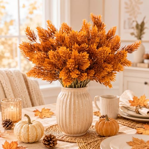 Yinder 8pcs 13.8" Gold Fall Artificial Flowers, Orange Hops Stems for Vase