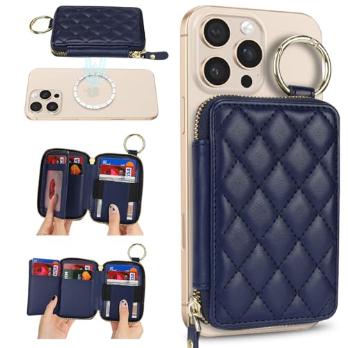 Image of Compatible with MagSafe Wallet,Magnetic Phone Wallet Card Holder for iPhone 17 /16 Pro Max /15 Pro /14 Plus /13 /12 Series,PU Leather Zipper Pocket Adjustable Stand-Blue