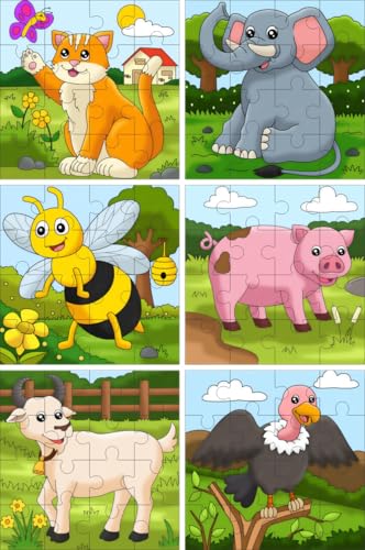 Kit 6 Quebra-Cabeças Infantis, Animais da Fazenda e Safari, 16 Peças, 14x14 cm, para Crianças a partir de 3 Anos