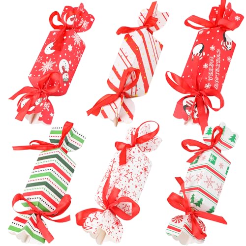 LOKIPA 24PCS Christmas Candy Boxes, 6 Styles Christmas Treat Gift Boxes Xmas Paper Boxes with Ribbon Candy Shape Small Sweet Boxes for Xmas, Wedding Party Wrap Bag