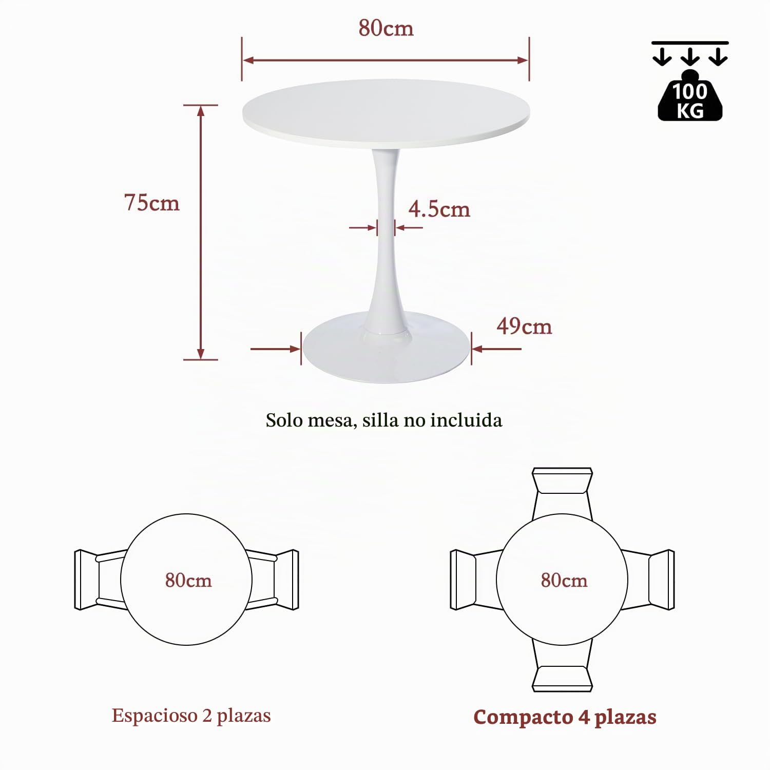 MEUBLE Cosy Mesa de Comedor Redonda para 2-4 Personas, Mesas de Cocina Escandinava, Patas en Forma de Trompeta, Blanco, 80x80x75cm