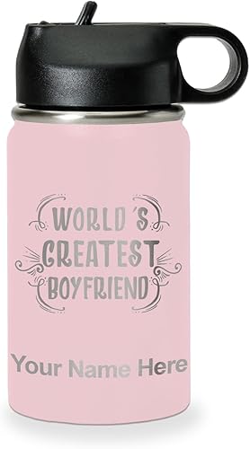 Miniatura 76 de LaserGram Botella de agua personalizada, World's Greatest Boyfriend, acero inoxidable de doble pared aislada al vacío con popote superior, regalo