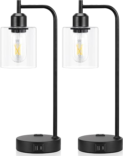 Miniatura 8 de Juego de 2 lámparas de mesa táctiles industriales para dormitorio, lámparas de mesa de noche regulables de 3 vías con puertos USB C+A y