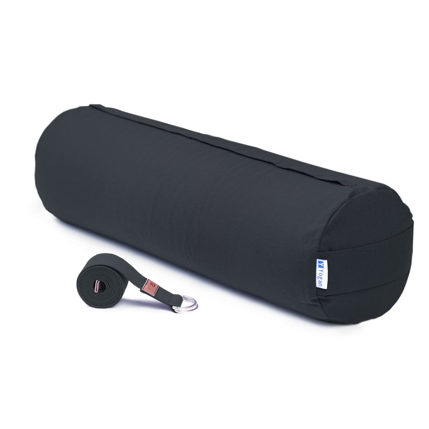 Yogan Yoga Bolster with a Yoga Belt/Strap | Natural Buckwheat Hulls Filling | Outer Cover (Could be Removed and Washed) - Made of 100% Organic Cotton (Charcoal Grey) โ image 1