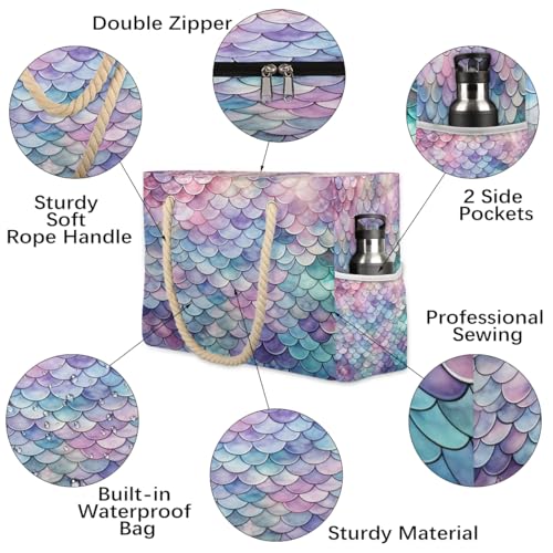 Spring Mermaid Nautical Beach Bags for Women Large Beach Tote Waterproof Sandproof Large Tote Bag Swim Pool Bags3