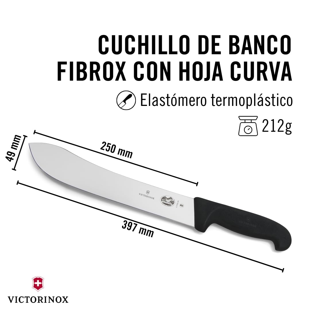 Victorinox Fibrox Cuchillo de carnicero, cuchillo largo para trocear grandes piezas de carne, 25 cm, hoja curva, afilado, acero inoxidable, negro