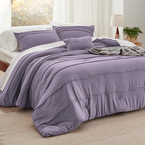 Image of Bedsure Queen Comforter Set - 4 Pieces Pinch Pleat Bed Set, Purple Boho Bedding for All Season, 1 Soft Comforter, 2 Pillowcases, 1 Decorative Pillow