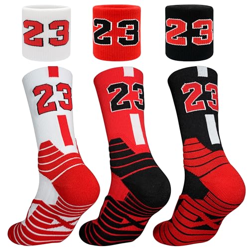 3 Pair Performance Basketball Socks - 3 Basketball Wristband, Compression Cushion Running Athletic Socks for Men Women
