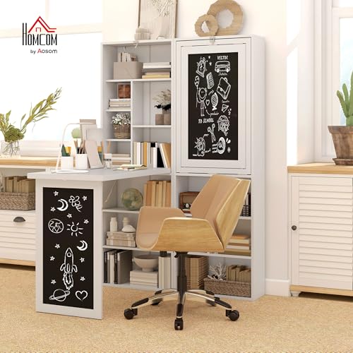 HOMCOM Fold-Out Convertible Writing Table, Wall Mount Desk Cabinet with Blackboard and Side Shelf Multi-Function Home Office Workstation, White
