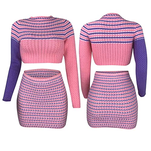 Laximu Women's 2 Piece Outfits Long Sleeve Splicing Leisure Stripe Suits Crop Top Bodycon Sweater Mini Skirt Set Pink #TOP4
