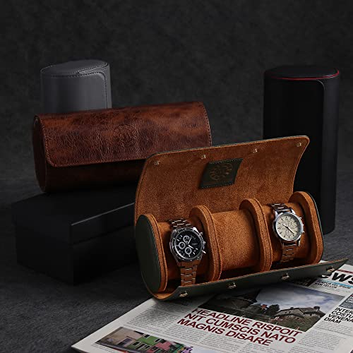 Image of Genuine Napa Leather Watch Roll Travel Case for 3 Watches - Travel Watch Rolls and Leather Watch Display Cases with Velvet Interior - Watch Storage Organizer Men's