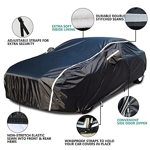 Image of Car Cover Waterproof All Weather, Coverado Soft Cotton Backing Full Exterior Covers with Zipper Door Snow Wind Sun UV Hail Protector Outdoor Car Cover Universal Fit for 170-190 inches Length Sedan