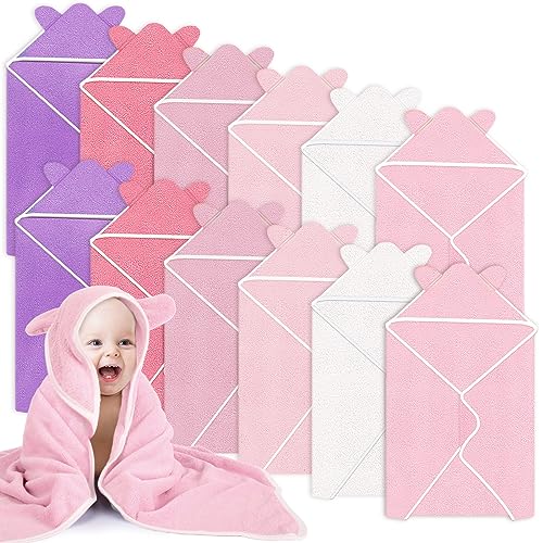 Image of Peryiter 12 Pcs Cute Hooded Baby Towels Cozy Absorbent Baby Bath Towels Coral Fleece Toddler Towels Hooded Bath Blanket with Soft Ears for Newborn Boy Toddler Girl Kids Shower Gift (Pink Series)