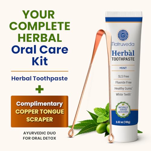 Image of Natruveda Neem Herbal Toothpaste with Complimentary Copper Tongue Scraper | Fluoride Free, SLS Free, Natural Toothpaste for Adults | Ayurvedic Oral Care with Mint & 8 Herbal Ingredients | 3.52 oz