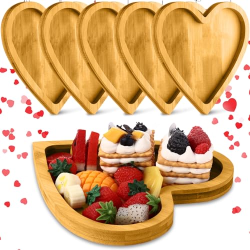 Suzile 6 Pcs Valentines Day Bamboo Serving Tray Heart Shaped Cheese Board Charcuterie Plate Dinner Plate Cake Board Reusable Dish Heart Shaped Platter for Snack Food Cake(8.5 x 8.5 Inch)