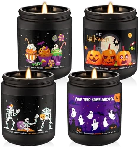 Halloween Scented Candle Set, 4-Pack 7oz Soy Wax Candles with 4 F...
