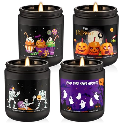 Halloween Scented Candles Set of 4 (7oz Each) – Spooky Aromatherapy Soy Wax Candles with Bat & Ghost Designs, Smokeless for All Saints’ Day, Home Decor & Festive Gifts