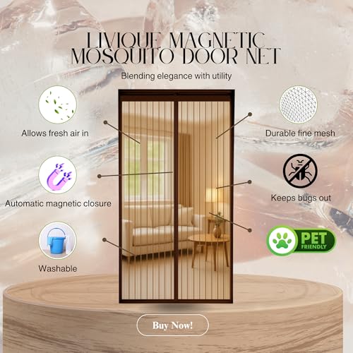 Image of Livique Mosquito Net for Doors with Magnet - Self-Closing - for All Door Types 7 feet - Includes Self-Adhesive Tape, Pins & Instruction - Protects Against Bugs and Flies - Polyester (Brown, 200x90cm)