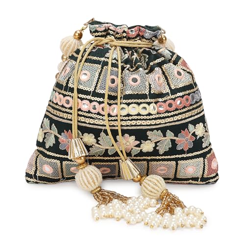 Image of LONGING TO BUY Indian Embroidered Pearl Potli Bag For Women, Sequence Design with Tassel, Wedding Potli Bags