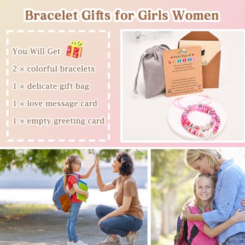Image of First Day of School Kindergarten Preschool Gifts, Mom and Daughter Matching Bracelets Set, Back to School Gifts for Girls Daughter