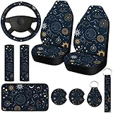 10 Pcs Sun and Moon Car Seat Covers Set Car Steering Wheel Cover Front Seat Covers Cup Holder Keyring Armrest Pad Seat Belt Pads Wrist Strap Car Decor Accessories for Vehicle Car, Sun and Moon Style