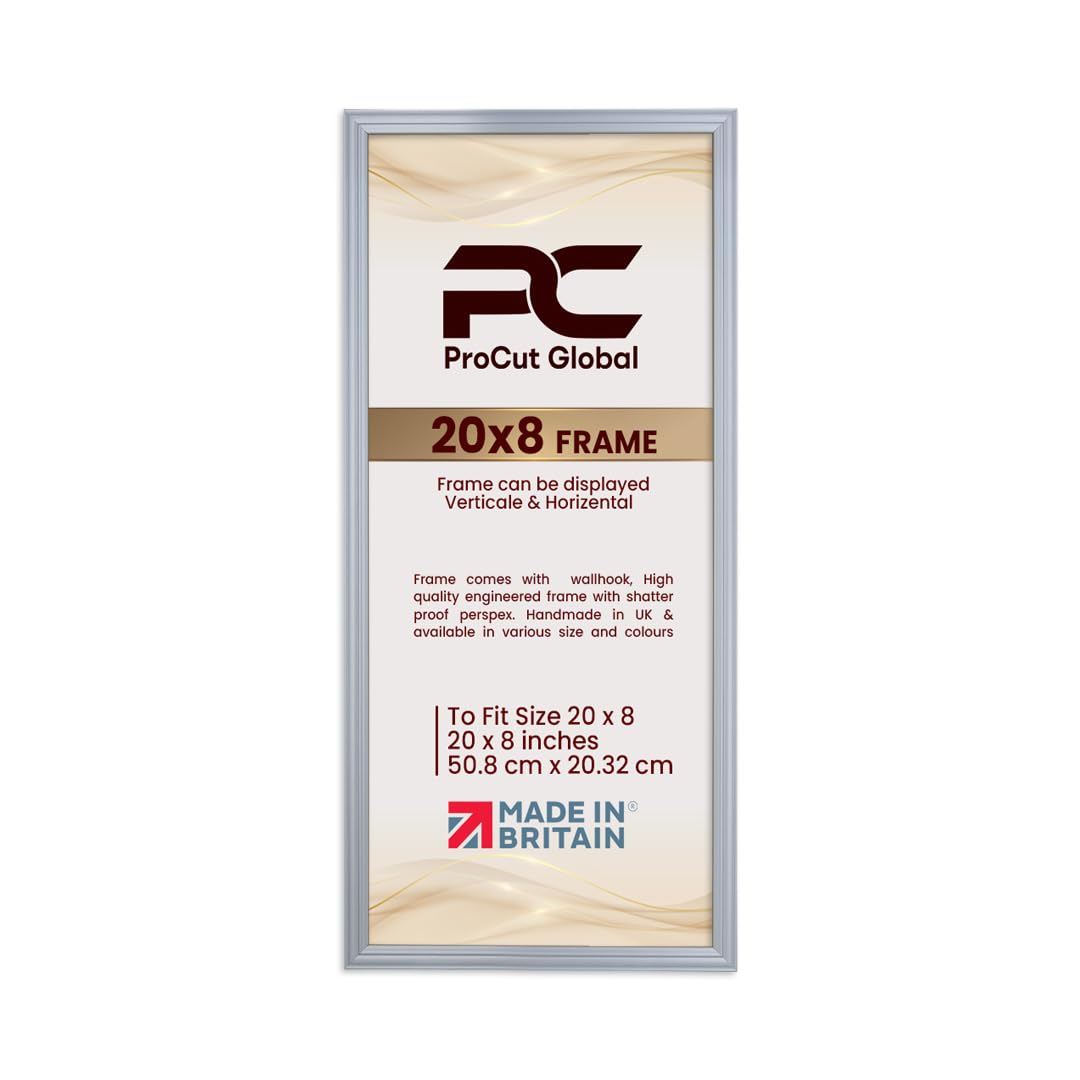 Procut Global 20x8 Silver Picture Frames - Classic Wooden Photo Frame with Shatterproof Perspex for Wall or Tabletop - Perfect for Posters, Certificates & Prints - Sizes & Colors Available