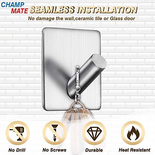 Image of Self Adhesive Hooks, Heavy Duty Rugged 304 Stainless Steel Matte Black Wall Hangers, Strong Sticky Hanging Hooks for Doors, Kitchen, Bathrooms, Office, 4 Packs (02 Silver HK)
