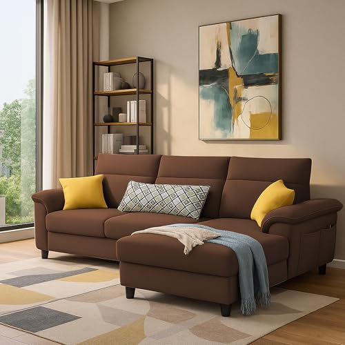 Image of Casaliving Seams RHS 4 Seater L Shape Sofa for Living Room (Brown Fabric) Premium Fabric Sofa