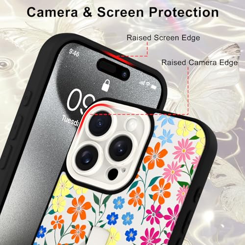 Image of for iPhone 15 Pro Max Case with Finger Strap Holder, Cute Colorful Floral Flower Print Pattern Design for Women Girls, Shockproof Anti Scratch Hand Kickstand Protective Cover, White