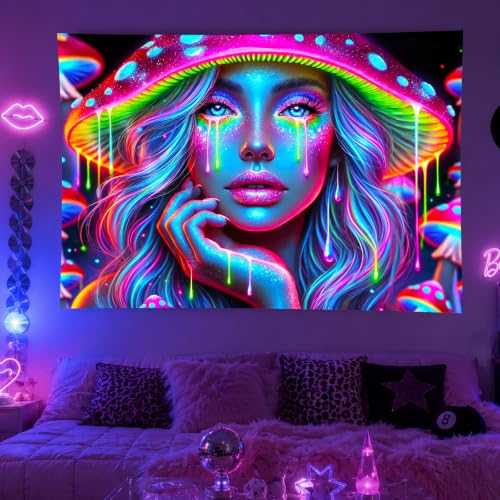 Image of BlissYard Anime Characters Blacklight Tapestry Banner 79x59 Inch Psychedelic Mushroom Girl Neon Trippy Art Aesthetic Bohemian Spiritual Wall Hanging Bedroom Decor Visionary Decration Glow In The Dark Psychedelic Banner Black Light Tapestries