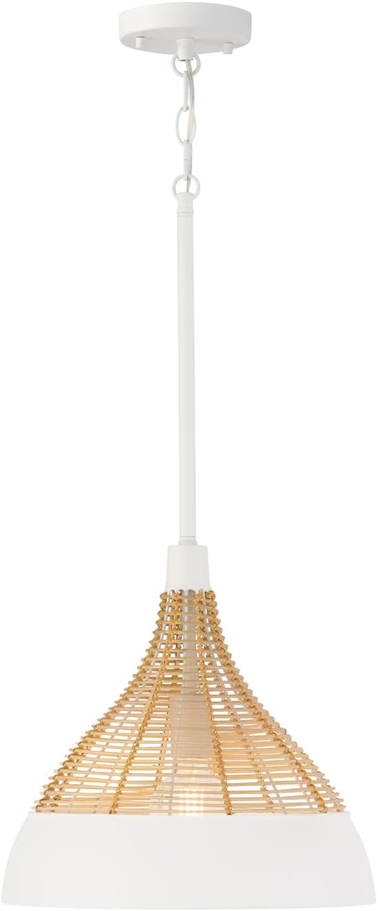 Capital Lighting 353911WE Kali Modern Hand-Wrapped Natural Rattan with Metal Conical Pendant Ceiling Light, 1-Light 100 Watt, 14" H x 14" W, Matte White