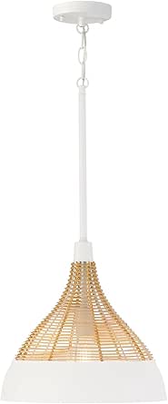 Capital Lighting 353911WE Kali Modern Hand-Wrapped Natural Rattan with Metal Conical Pendant Ceiling Light, 1-Light 100 Watt, 14" H x 14" W, Matte White