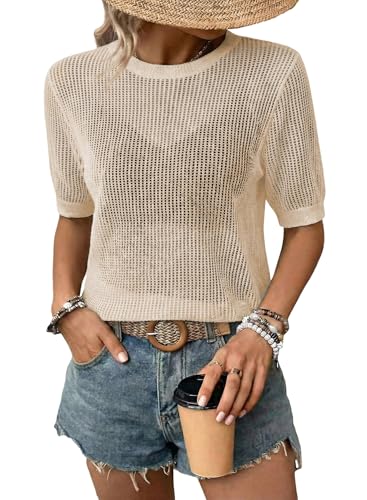 Image of Dokotoo Womens Summer Short Sleeve Crochet Tops Hollow Out Floral Sweaters Beach Vacation Cruise Outfits
