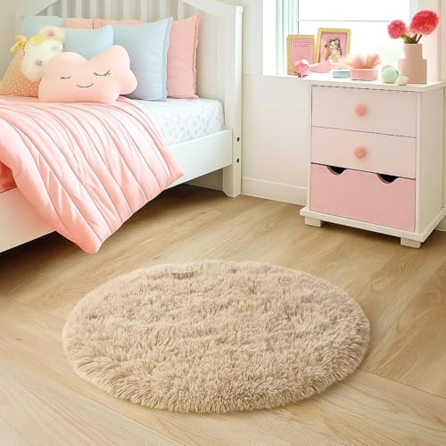 Xenluxe 2x2 feet Shaggy Round Area Rug – Soft Plush Circle Solid Color Carpet for Living Room, Bedroom, Kids Room – Fluffy Fuzzy Floor Mat for Home Decor (Beige, 2x2 feet, Round)