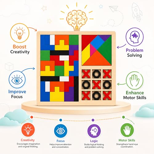 Image of Wudly 3in1 Wooden Puzzle Toy for Kids Tetris Tangram Tic Tac Toe Board Montessori Educational Brain Development Toys for 3-7 Years Logic & IQ Game Birthday Gift for Boys Girls Learning Toy