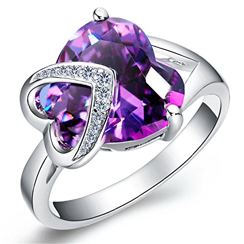 Uloveido Fashion Platinum Plated Love Heart Purple Cubic Zirconia Solitaire Accent Wedding Engagement Rings for Women J130 (size 6)