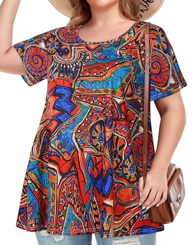Image of Plus Size Tops for Women Tunic Floral Casual Short Sleeves T Shirts Flowy Blouses(RDMU,2XL)