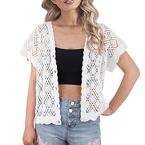 Image of Women's Open Front Knit Cropped Bolero Shrug Cardigan Sweater Short Sleeve V Neck Hollow Out Top