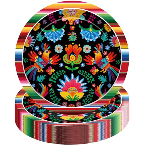 Pack of 50, 9-Inch Mexican Fiesta Paper Plates, Colorful Floral and Serape Stripe Design, Disposable Plates for Tacos, Snacks, Desserts, Cinco de Mayo Party Supplies, and Birthday Table Decorations