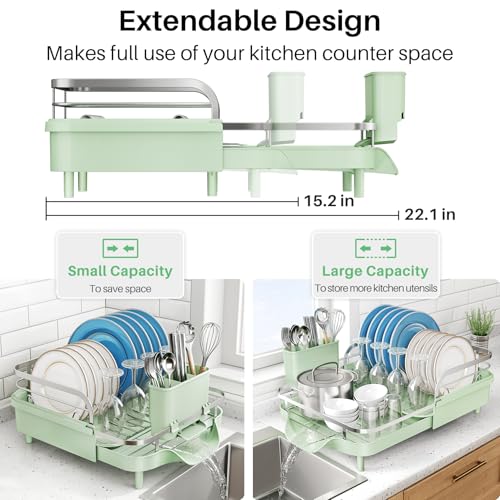 Image of SNTD Dish Drying Rack, Expandable Dish Rack for Kitchen Counter, Stainless Steel Dish Drainer with Drainboard Set and Utensil Holder (Green)