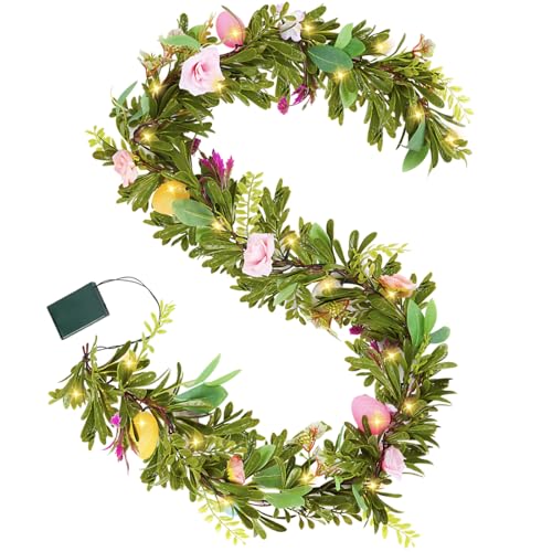 FOIMAS 6ft Easter Garland Lighted Artificial Easter Egg Garland with Flowers Spring Floral Garlands for Indoor Outdoor Home Fireplace Spring Party Decor
