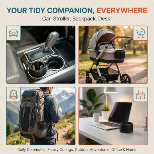 Image of Trash Trapper Car Trash Can Cup Holder | Micro Car Trash Can | Fits Flush in Most Cupholders | 3.5 inch x 3.5 inch | Traps More & Empties Less, Patent-Pending Compaction, Holds Small Garbage, Black /Black