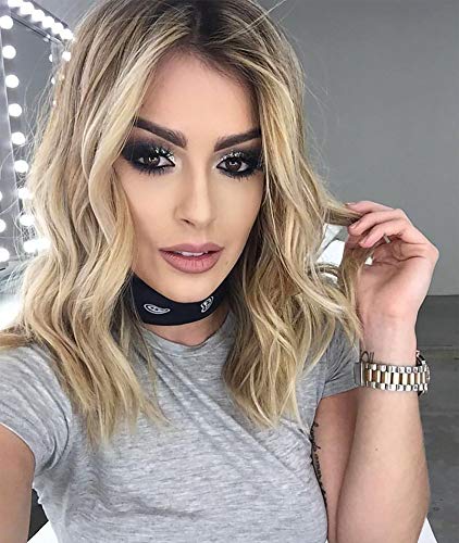 Ash Blonde Lace Front Wig for Women Short Blonde Lace Wavy Wig Ombre Blonde Wig With Dark Brown Roots Daily Wear Wob Hair (Wavy Bob Hair) (Ash Blonde, 12Inch)