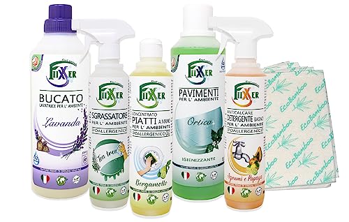 Fiixxer Detergente ecológico para limpieza de la casa, jabón para lavadora y colada, desinfectante para suelos y desengrasante hipoalergénico y limpiador antical (juego de 5) fragancia lavanda
