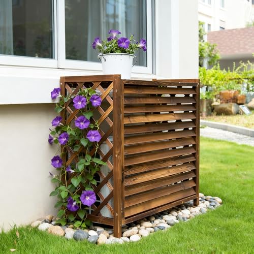 Klimaanlage Abdeckung Holz Balkon Sichtschutz Holz Wärmepumpe Abdeckung Anti-Korrosion Schutzgitter Für Klimaanlagen Gartenregal Wetterfest...