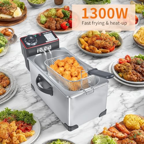Image of Electric Deep Fryer 2.5 Liter Capacity, 1300 Watt Lid with Viewing Window and Odor Filter, Adjustable Temperature, Removable Frying Basket and Easy to Clean Stainless Steel Body