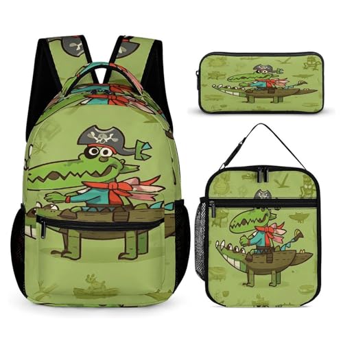 3Pcs Backpack Sets Crocodile Pirate Pattern Print Travel Daypack 3 in 1 Lightweight Backpack Set with Lunch Bag And Cosmetic Bag